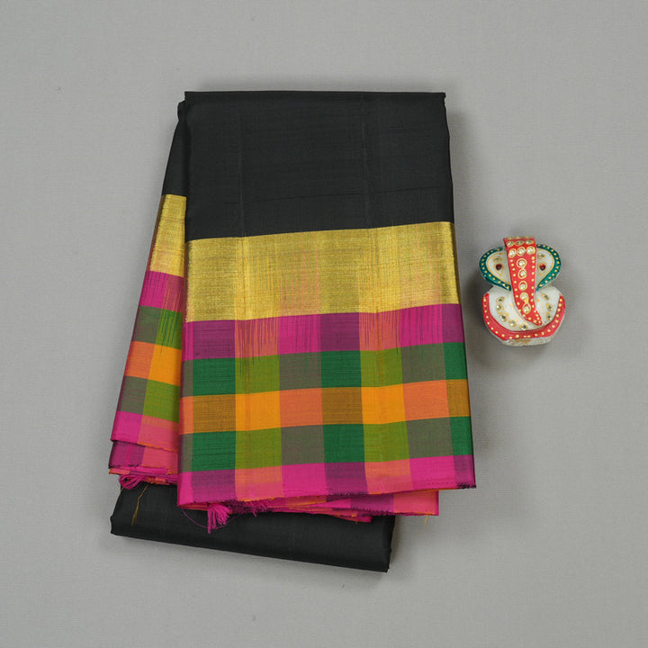 Hayagrivas Black Handloom Kanjivaram Silk Saree with Multi Colour Checks Border KBD1943B1-12