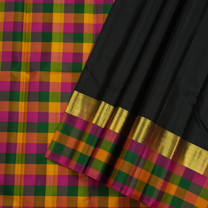Hayagrivas Black Handloom Kanjivaram Silk Saree with Multi Colour Checks Border KBD1943B1-12