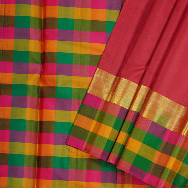 Hayagrivas Red Handloom Kanjivaram Silk Saree with Multi Colour Checks Border KBD1943B1-16