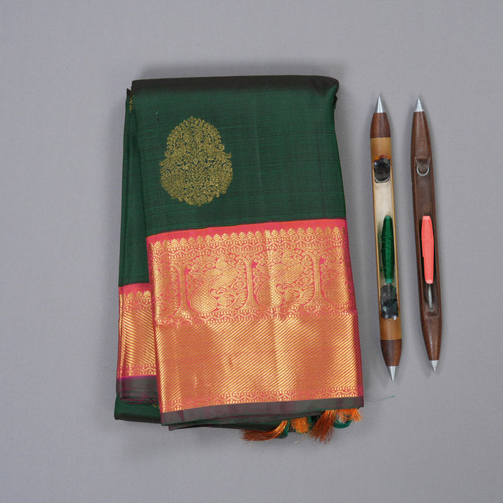 Hayagrivas Bottle Green Handloom Kanjivaram Silk Saree with Orangish Pink Border KBD1944B9-2