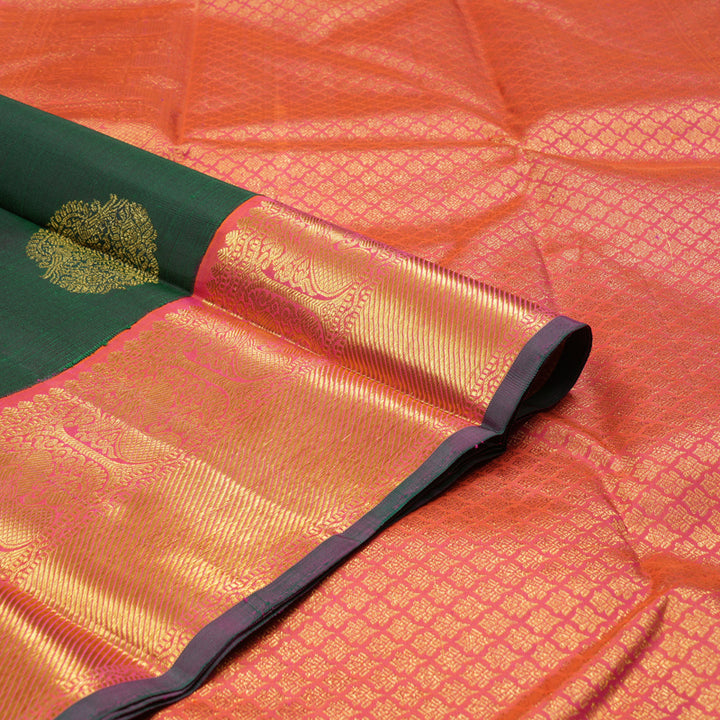 Hayagrivas Bottle Green Handloom Kanjivaram Silk Saree with Orangish Pink Border KBD1944B9-2