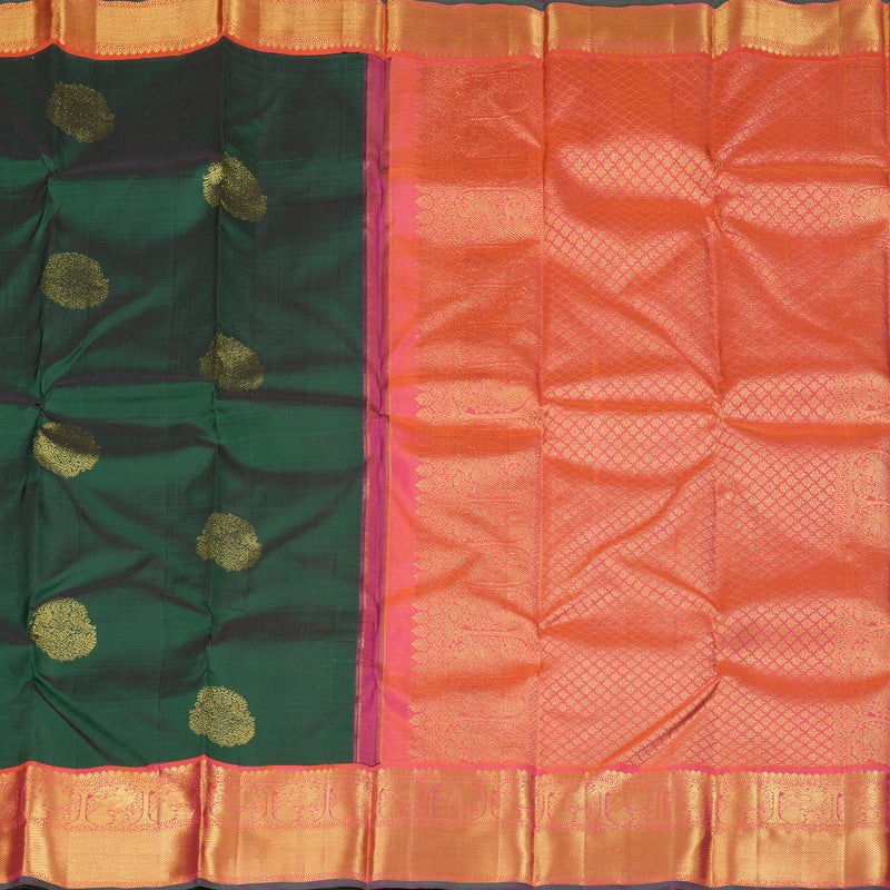 Hayagrivas Bottle Green Handloom Kanjivaram Silk Saree with Orangish Pink Border KBD1944B9-2