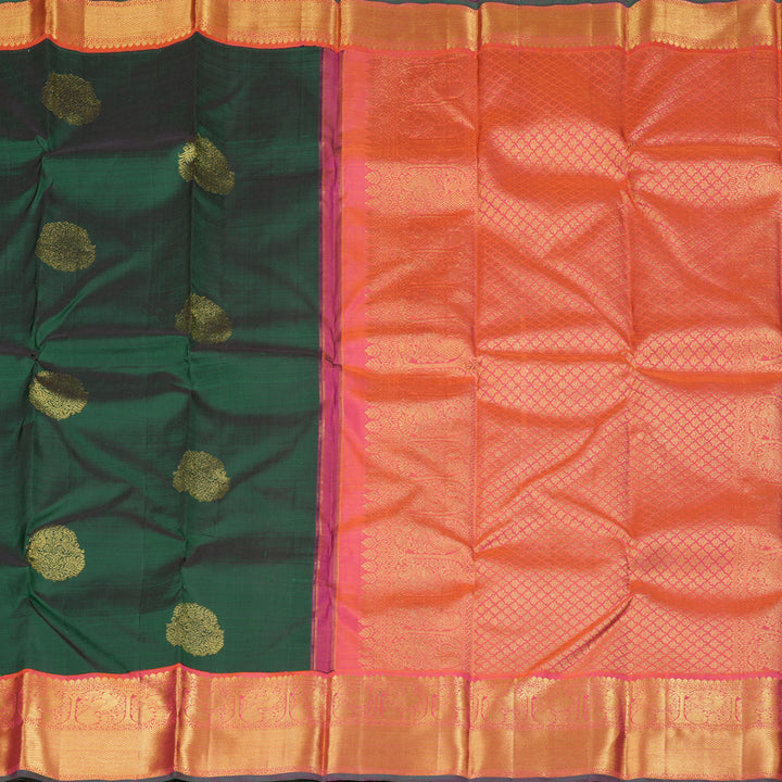 Hayagrivas Bottle Green Handloom Kanjivaram Silk Saree with Orangish Pink Border KBD1944B9-2