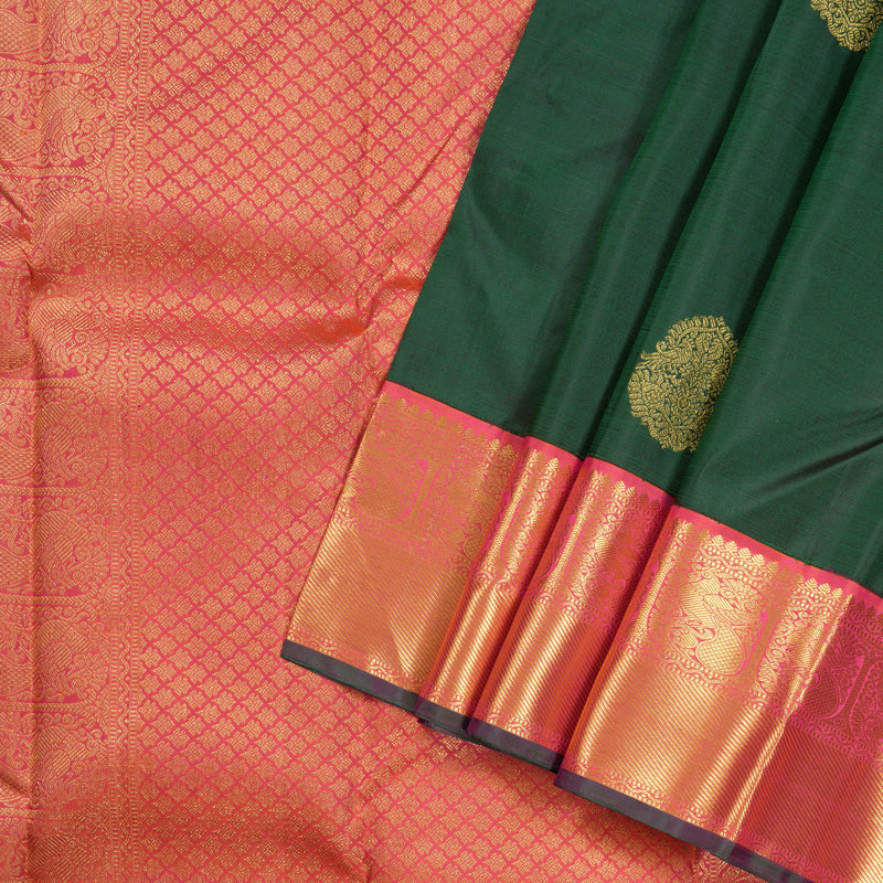 Hayagrivas Bottle Green Handloom Kanjivaram Silk Saree with Orangish Pink Border KBD1944B9-2