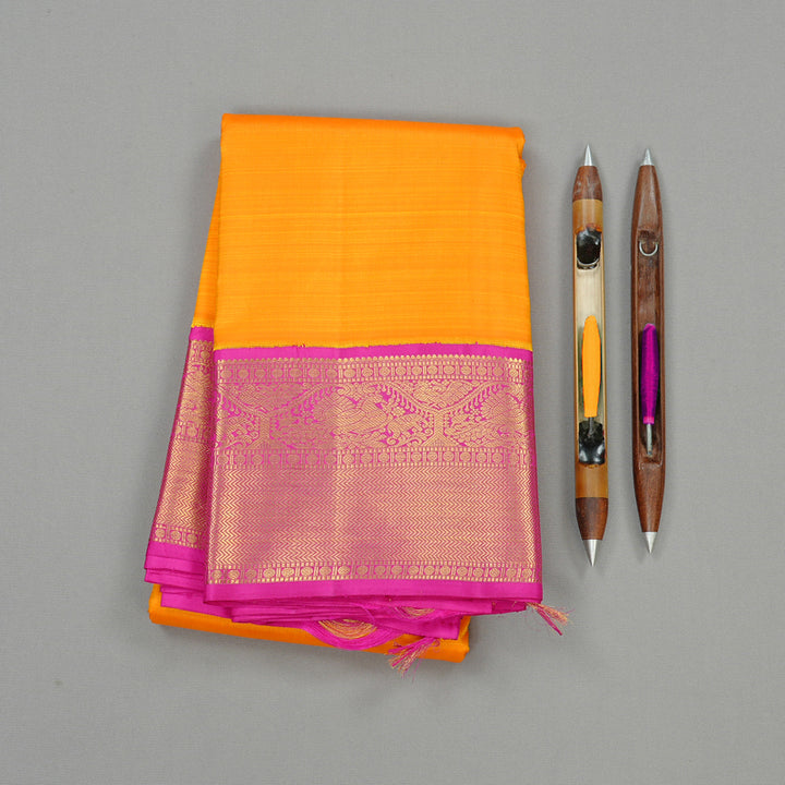 Hayagrivas Mango Yellow Handloom Kanjivaram Silk Saree with Pink Border KBD1946B7-1