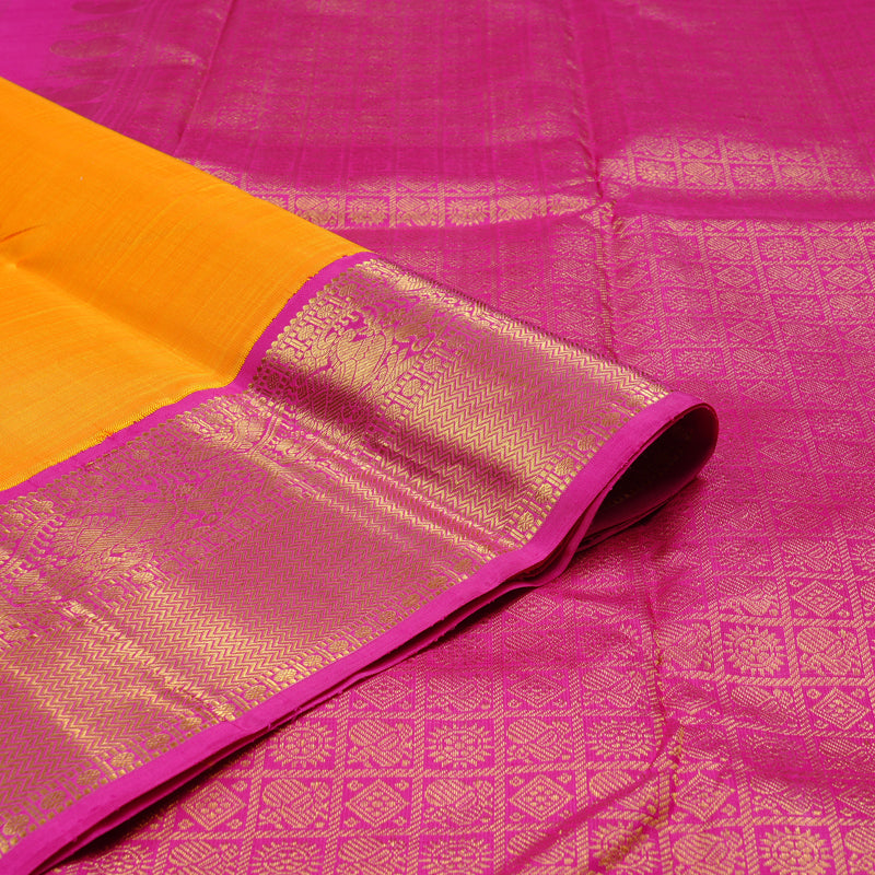 Hayagrivas Mango Yellow Handloom Kanjivaram Silk Saree with Pink Border KBD1946B7-1