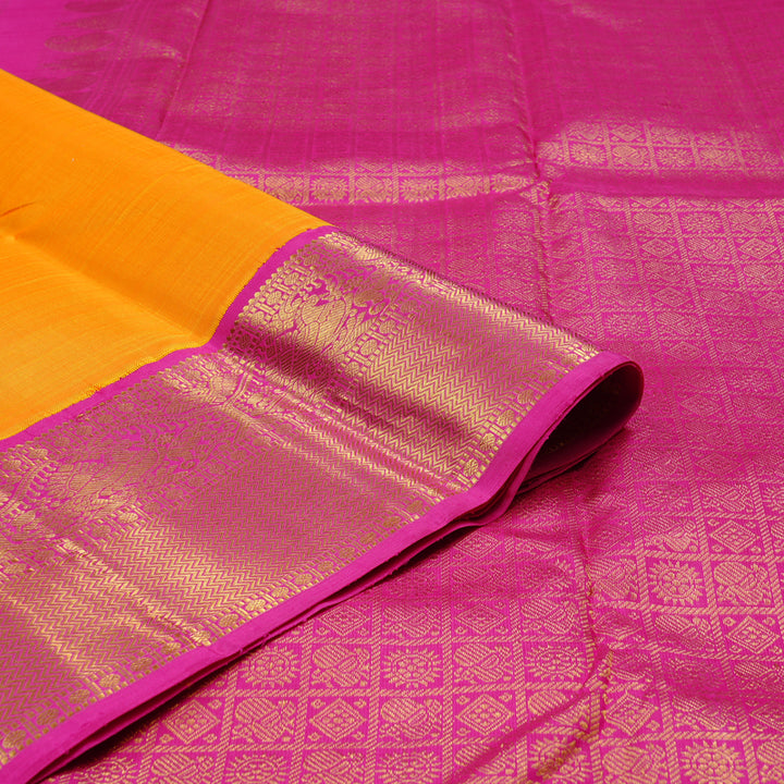 Hayagrivas Mango Yellow Handloom Kanjivaram Silk Saree with Pink Border KBD1946B7-1