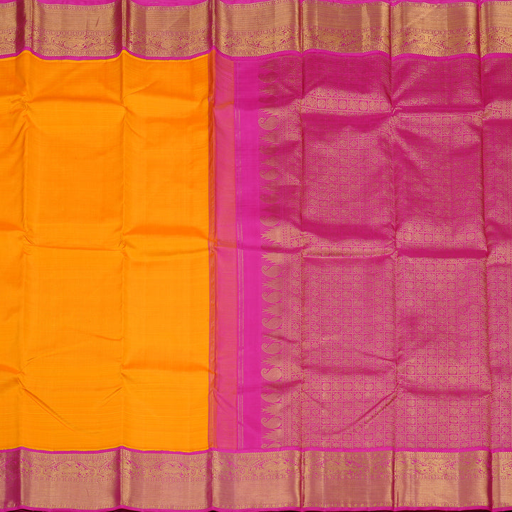 Hayagrivas Mango Yellow Handloom Kanjivaram Silk Saree with Pink Border KBD1946B7-1