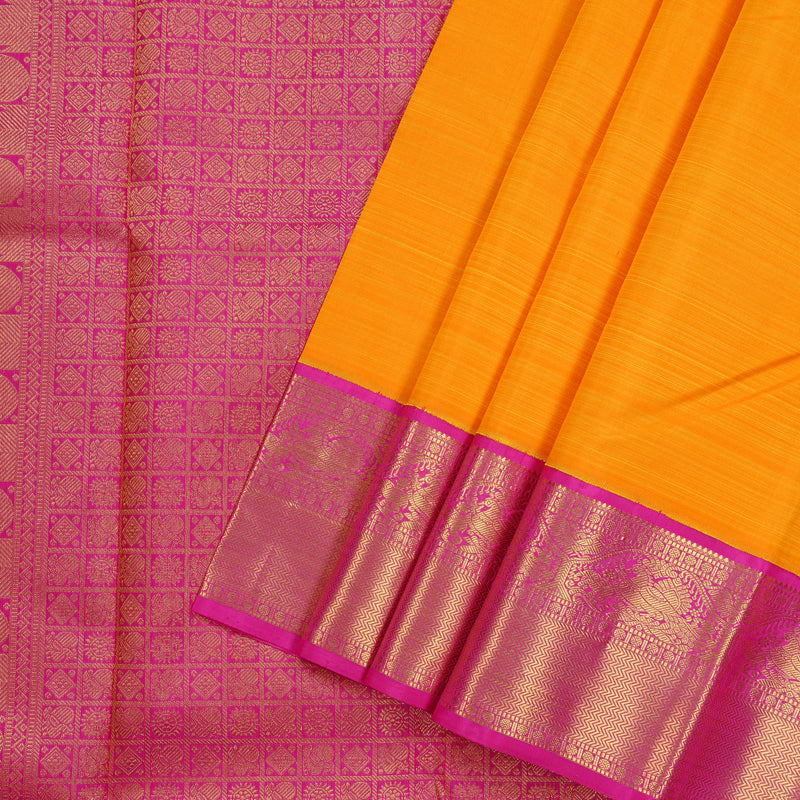 Hayagrivas Mango Yellow Handloom Kanjivaram Silk Saree with Pink Border KBD1946B7-1