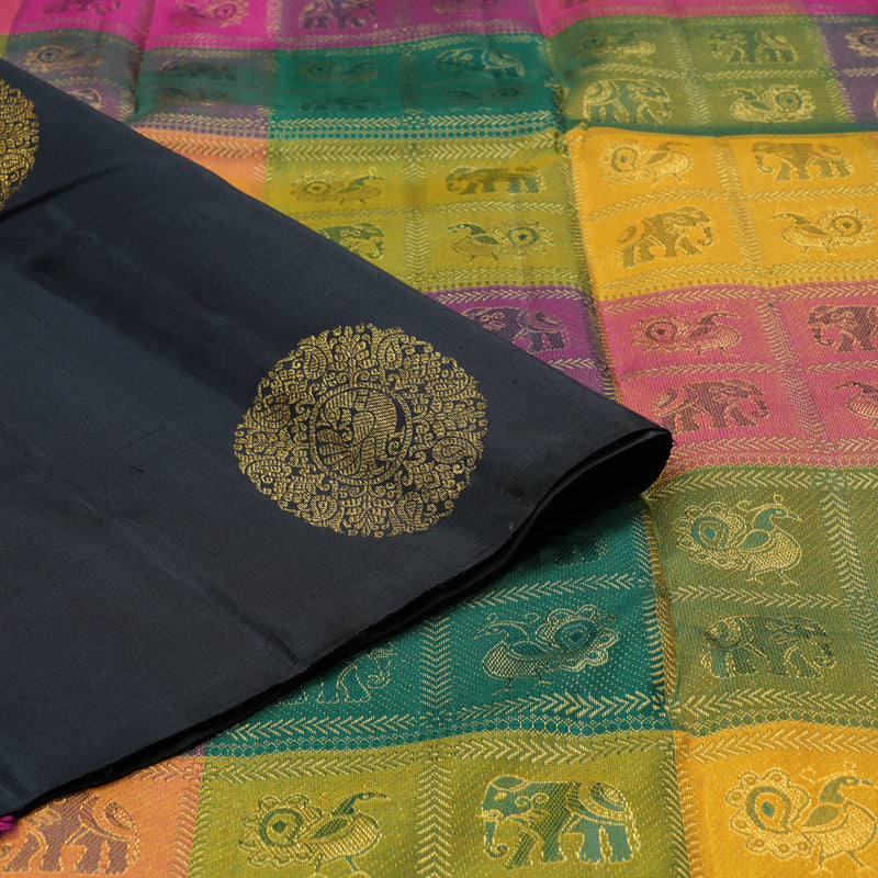 Hayagrivas Handloom Kanjivaram Silk Saree in Regal Black and Multicolor Checks KBD1948B2-5