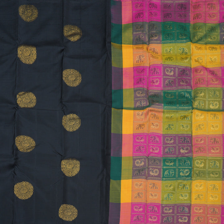 Hayagrivas Handloom Kanjivaram Silk Saree in Regal Black and Multicolor Checks KBD1948B2-5