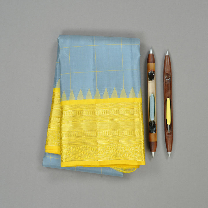 Hayagrivas Silver Grey Handloom Kanjivaram Silk Saree with Yellow Border KBD1949B3-2