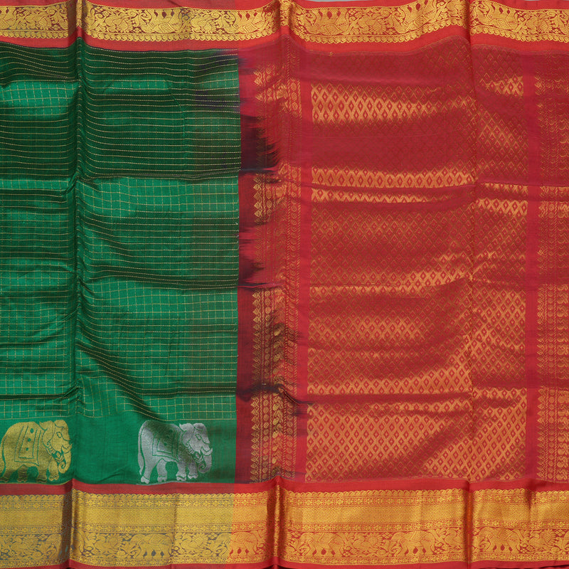 Hayagrivas Handloom Bottle Green Pure Silk Cotton Saree with Red Border KBD1951B4-2
