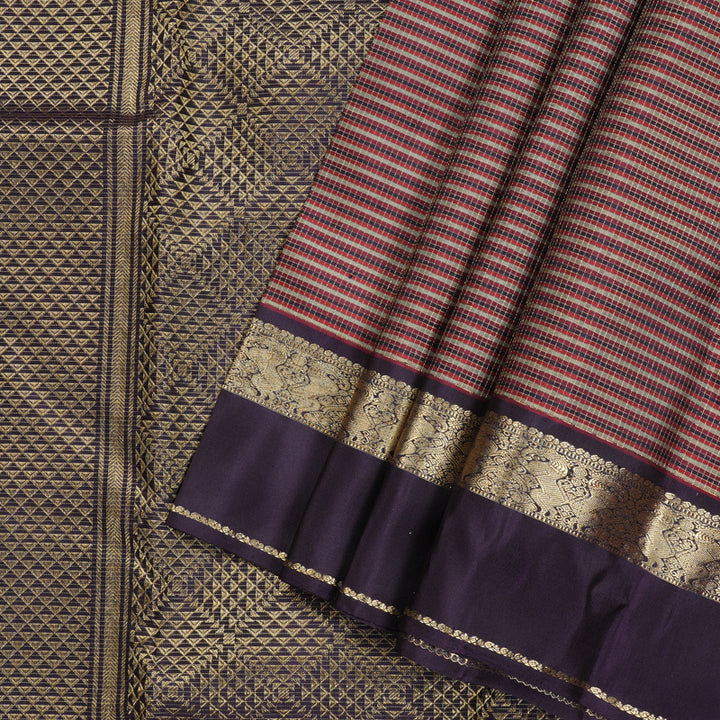 Hayagrivas Multi Colour Checks Handloom Kanjivaram Silk Saree with Plum Purple Border KBD1968B15-2