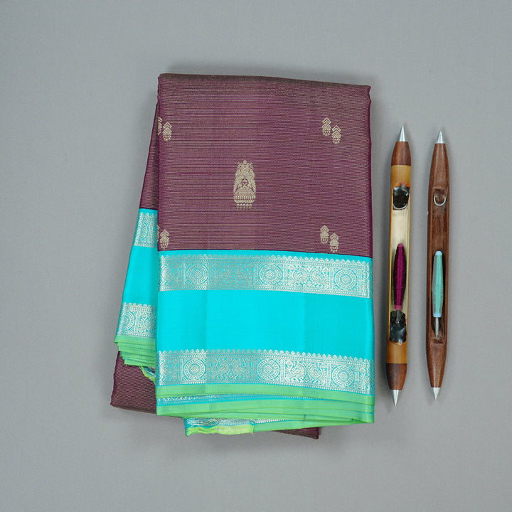Hayagrivas Dark Purple Handloom Kanjivaram Silk Saree with Sea Blue Border KBD1968B4-1