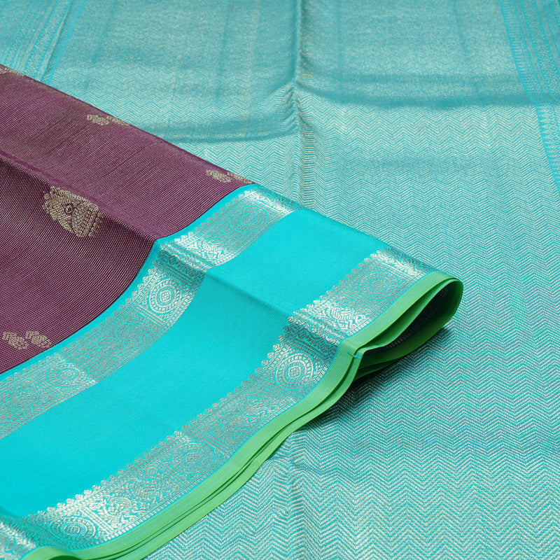 Hayagrivas Dark Purple Handloom Kanjivaram Silk Saree with Sea Blue Border KBD1968B4-1