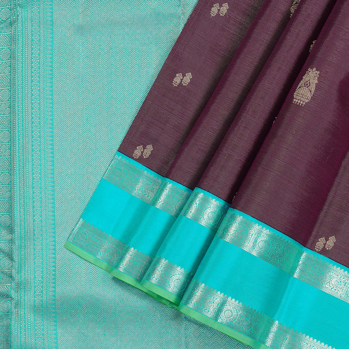 Hayagrivas Dark Purple Handloom Kanjivaram Silk Saree with Sea Blue Border KBD1968B4-1