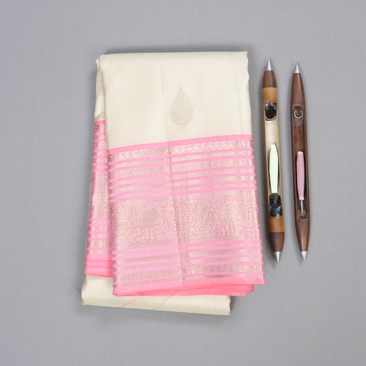 Hayagrivas Half White Handloom Kanjivaram Silk Saree with Baby Pink Border KBD1969B1-1