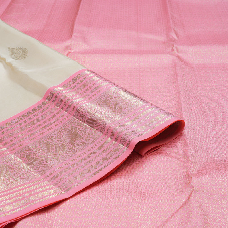 Hayagrivas Half White Handloom Kanjivaram Silk Saree with Baby Pink Border KBD1969B1-1