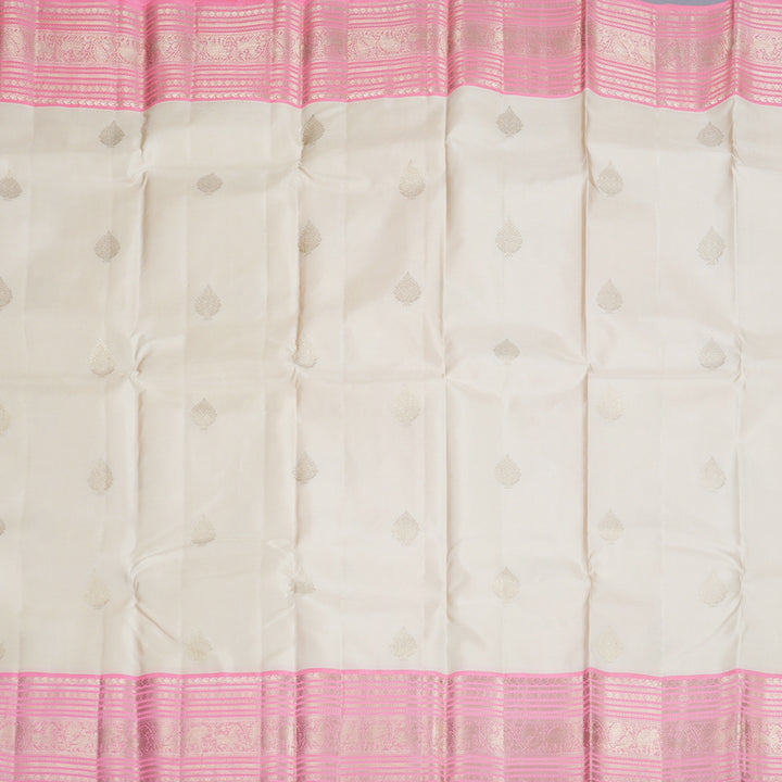 Hayagrivas Half White Handloom Kanjivaram Silk Saree with Baby Pink Border KBD1969B1-1