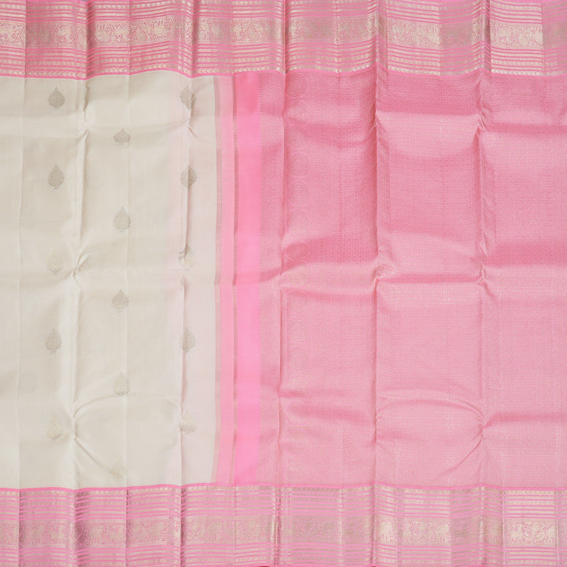Hayagrivas Half White Handloom Kanjivaram Silk Saree with Baby Pink Border KBD1969B1-1