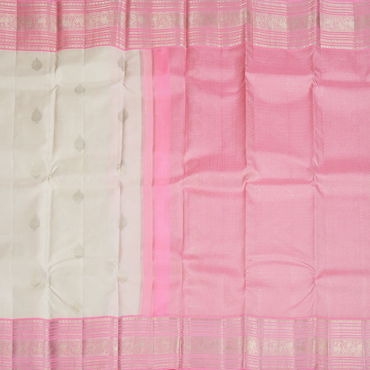 Hayagrivas Half White Handloom Kanjivaram Silk Saree with Baby Pink Border KBD1969B1-1