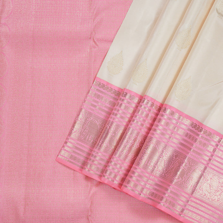 Hayagrivas Half White Handloom Kanjivaram Silk Saree with Baby Pink Border KBD1969B1-1