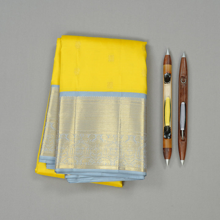 Hayagrivas Lemon Yellow Handloom Kanjivaram Silk Saree with Silver Grey Border KBD1969B2-1