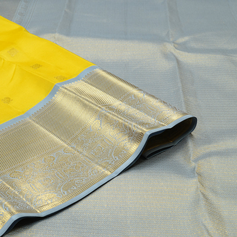 Hayagrivas Lemon Yellow Handloom Kanjivaram Silk Saree with Silver Grey Border KBD1969B2-1