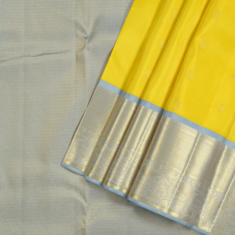 Hayagrivas Lemon Yellow Handloom Kanjivaram Silk Saree with Silver Grey Border KBD1969B2-1