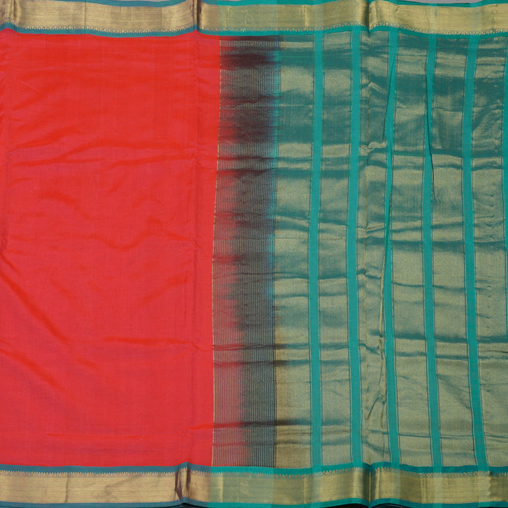Hayagrivas Handloom Bright Pink Kanjivaram Ten Yards Silk Cotton Saree with Light Green Border KBD1971B1-1