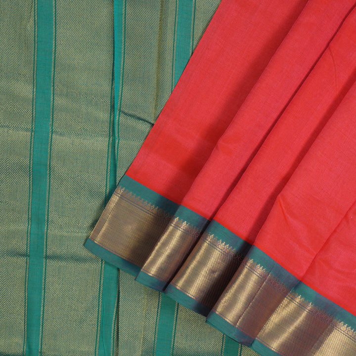 Hayagrivas Handloom Bright Pink Kanjivaram Ten Yards Silk Cotton Saree with Light Green Border KBD1971B1-1