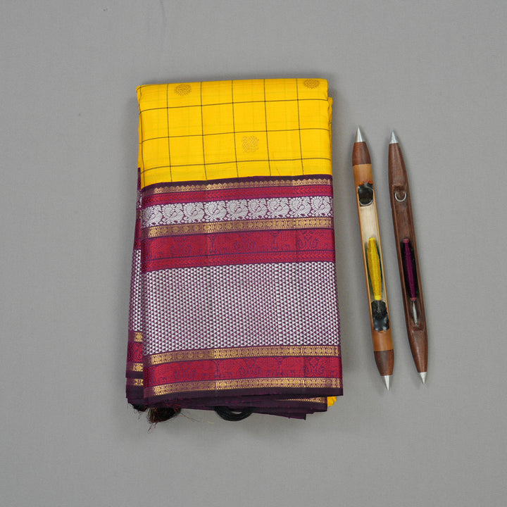 Hayagrivas Handloom Yellow Kanjivaram Silk Saree with Violet border KBD1976B1-1