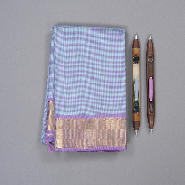 Hayagrivas Lavender With Sea Blue Muted Checks Handloom Kanjivaram Silk Saree with Lavender Border KBD1981B15-1