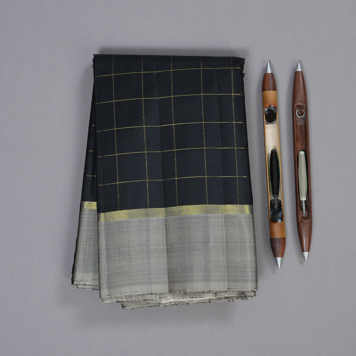 Hayagrivas Black Handloom Kanjivaram Silk Saree with Grey Border KBD1988B1-2