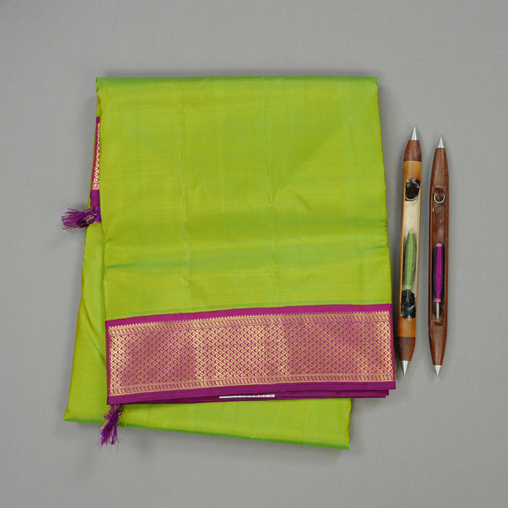 Hayagrivas Fluorescent Green Handloom Kanjivaram Teb Yards Silk Saree with Purple Border KBD1992B2-1