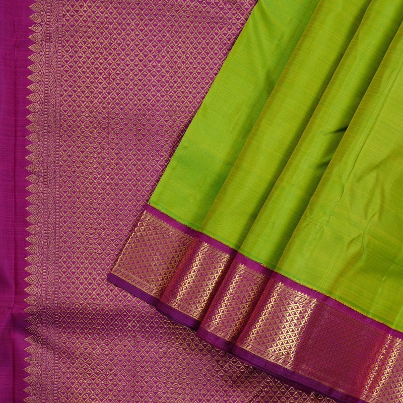 Hayagrivas Fluorescent Green Handloom Kanjivaram Teb Yards Silk Saree with Purple Border KBD1992B2-1