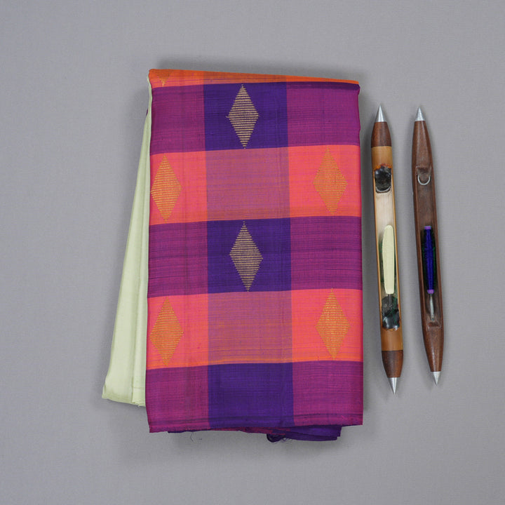 Hayagrivas White Handloom Kanjivaram Silk Saree with Blue And Orange Border KBD1998B1-3