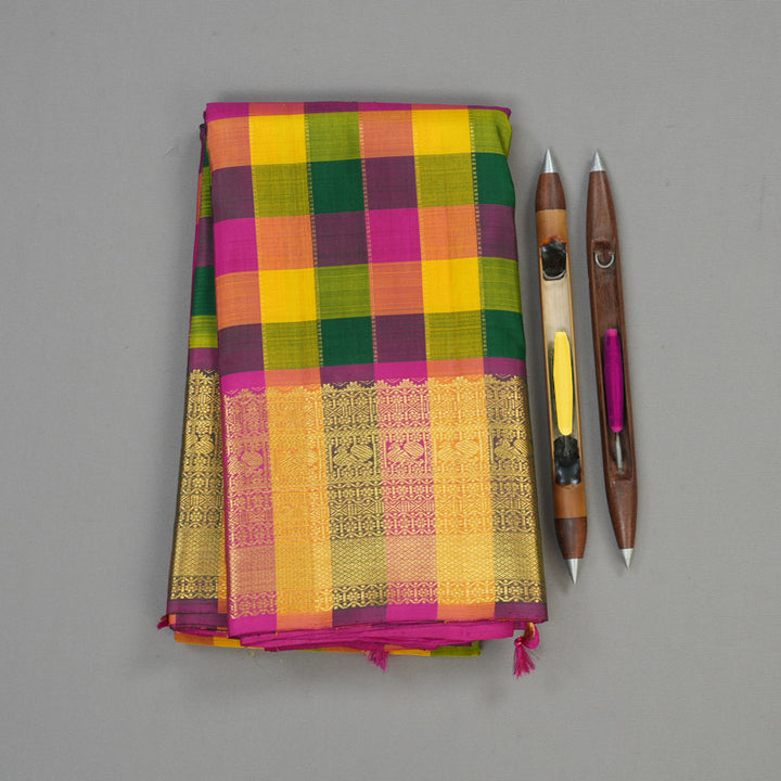 Hayagrivas Handloom Multicolour Checks Kanjivaram Silk Saree with Multicolour border KBD2000B6-1