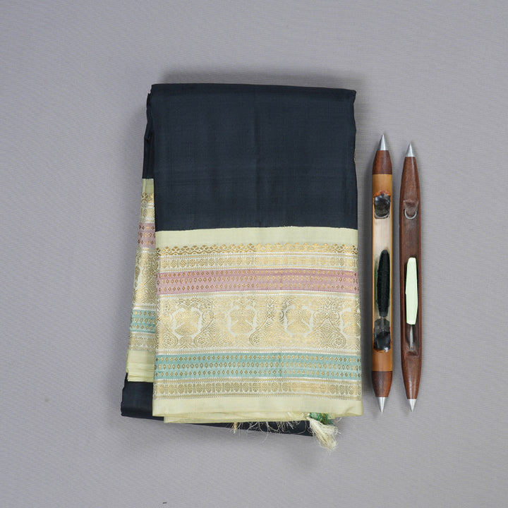 Hayagrivas Black Handloom Kanjivaram Silk Saree with Half White Border KBD2002B1-1