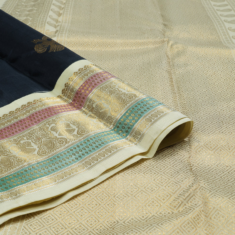 Hayagrivas Black Handloom Kanjivaram Silk Saree with Half White Border KBD2002B1-1