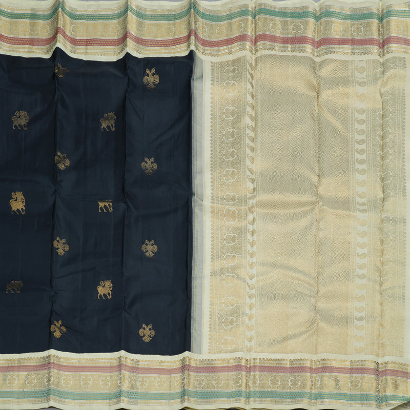 Hayagrivas Black Handloom Kanjivaram Silk Saree with Half White Border KBD2002B1-1