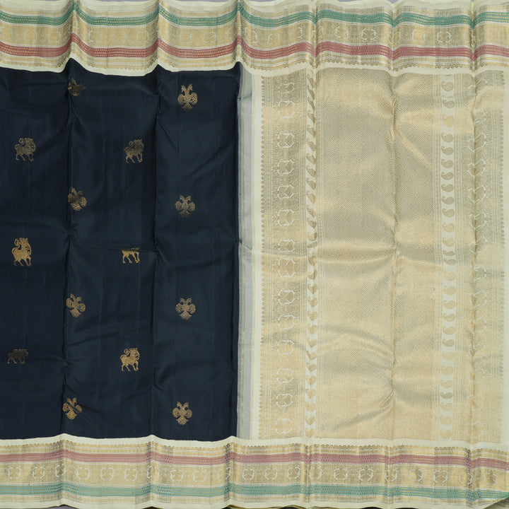 Hayagrivas Black Handloom Kanjivaram Silk Saree with Half White Border KBD2002B1-1