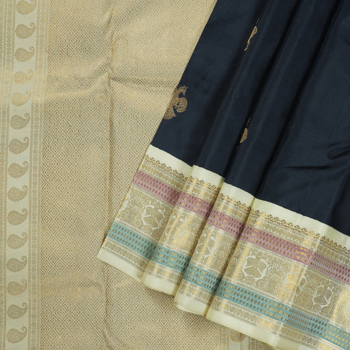 Hayagrivas Black Handloom Kanjivaram Silk Saree with Half White Border KBD2002B1-1