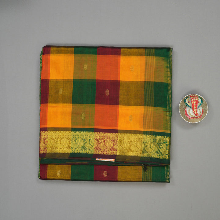 Hayagrivas Handloom Multicolour Ten Yards Kanjivaram Silk Cotton Saree with Bottle Green Border KBD2007B13-1