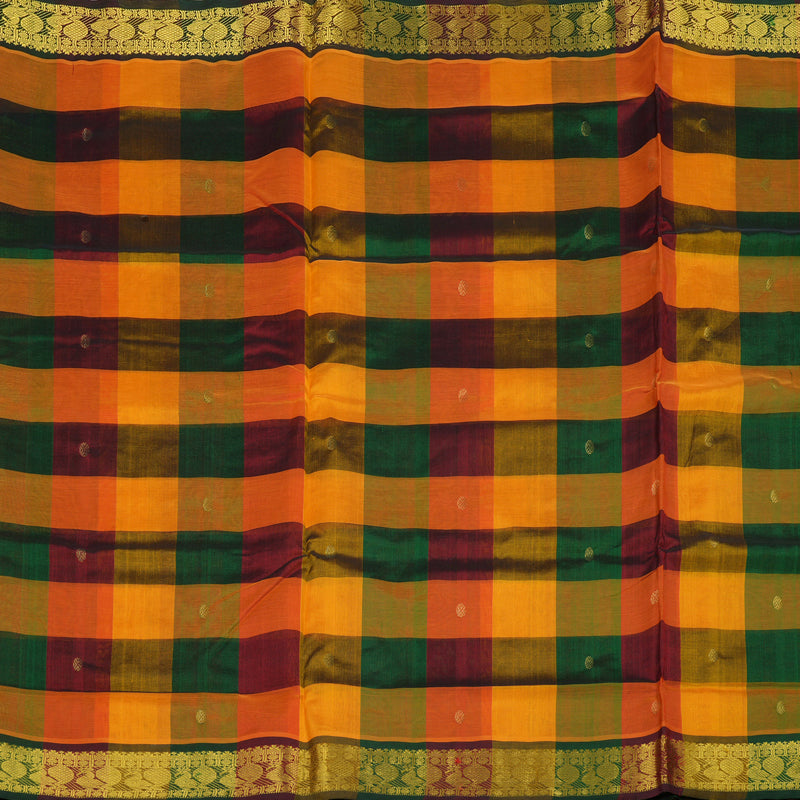 Hayagrivas Handloom Multicolour Ten Yards Kanjivaram Silk Cotton Saree with Bottle Green Border KBD2007B13-1