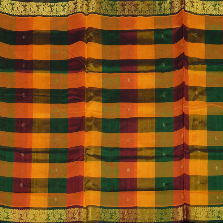 Hayagrivas Handloom Multicolour Ten Yards Kanjivaram Silk Cotton Saree with Bottle Green Border KBD2007B13-1