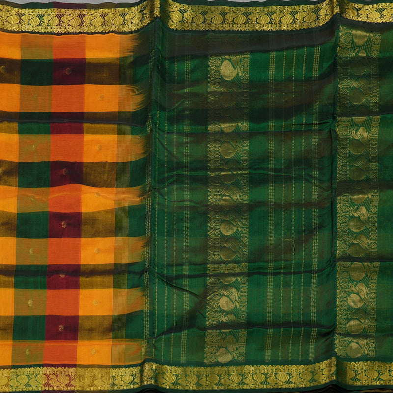 Hayagrivas Handloom Multicolour Ten Yards Kanjivaram Silk Cotton Saree with Bottle Green Border KBD2007B13-1