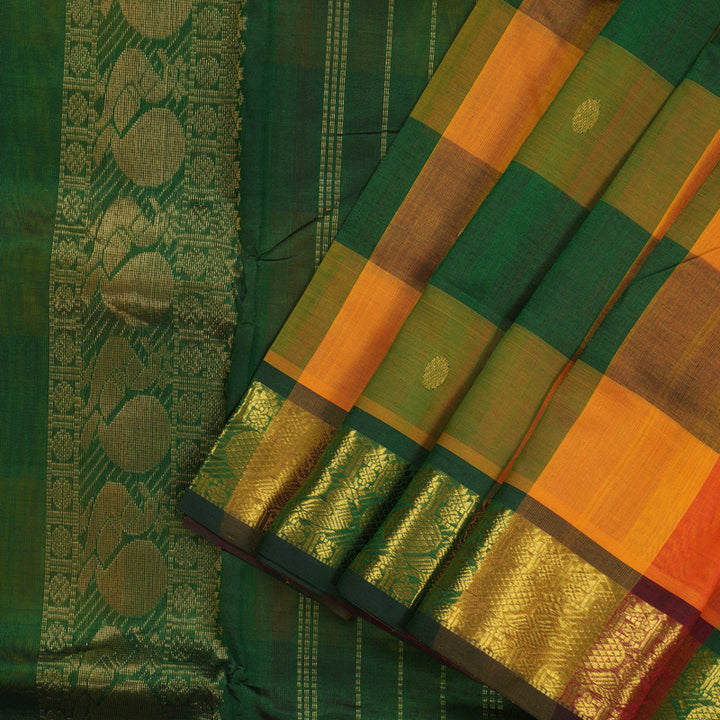 Hayagrivas Handloom Multicolour Ten Yards Kanjivaram Silk Cotton Saree with Bottle Green Border KBD2007B13-1