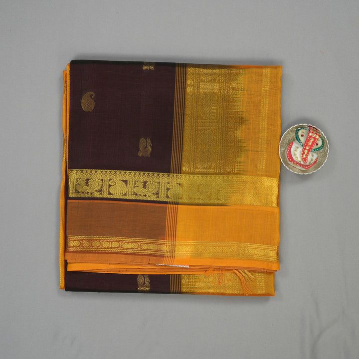 Hayagrivas Handloom Dark Brown Kanjivaram Ten Yards Silk Cotton Saree with Mango Yellow Border KBD2007B7-6